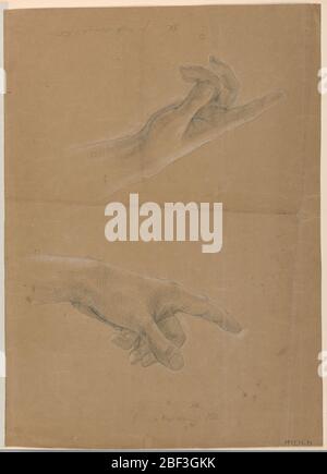 Due Studi di mano per Angelo che appaiono a San Pietro nei primi Martiri Cristiani. Due studi di una mano che punta, uno su ciascun lato di un foglio piegato. Verso: Testa di un monaco in un cappuccio. Foto Stock