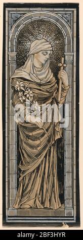 Studio per la finestra del memoriale di Goddard in St Johns Church Providence Rhode Island. Due figure in un arco. Un personaggio maschile si inginocchia, tenendo una compressa. Un angelo si erge sopra, tenendo una corona sopra la testa della figura inginocchiata. Foto Stock