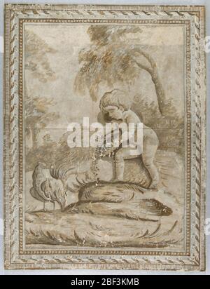 Parete laterale. Rettangolo verticale. Scena con putto che alimenta un pollo, sotto due alberi. Simulato stampaggio architettonico applicato come bordo. Foto Stock