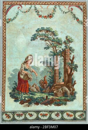 Pareti laterali e bordi. Rettangolo verticale. Donna in un abito dal bordo rosso, che alimenta polli. Attraverso il fondo si trova un confine di farfalle; attraverso la parte superiore un confine di fiori e fogliame festoonati; sopra questo, e lungo i due lati, un bordo di simulato cyma reversa stampaggio. Foto Stock