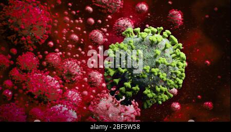 Molecola di coronavirus verde microscopico COVID-19 con molte molecole di contrasto rosso sangue - rappresentazione 3D del virus dell'influenza dell'epidemia pandemica del virus nCOV Foto Stock