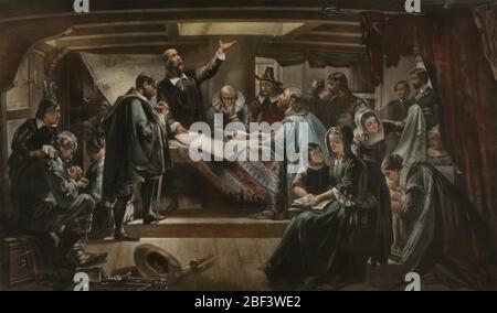 Firma del Compact nella cabina del Mayflower. Foto Stock