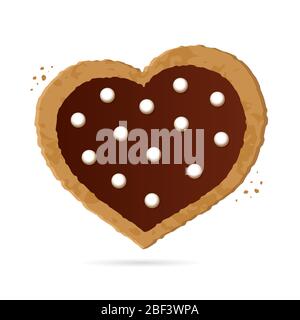 Biscotti a forma di cuore con cioccolato su sfondo bianco. Simbolo del giorno dei San Valentino. Oggetto isolato. Vettore Illustrazione Vettoriale