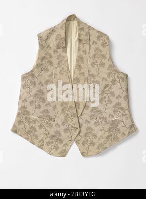 Gilet. Gilet per Signore con lunghi revers in seta color crema intrecciata con un disegno a strisce sottili e rami di albero fioriti in tan, azzurro e nero. Foto Stock