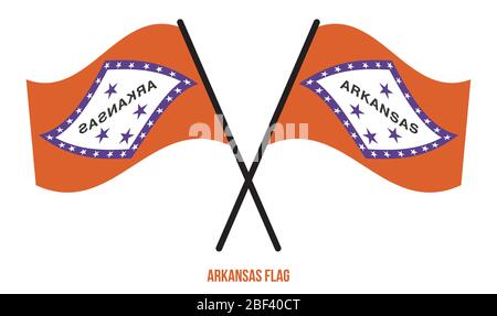 Due bandiere dell'Arkansas a onde incrociate su sfondo bianco isolato. Illustrazione vettoriale della bandiera degli Stati Uniti (USA). Foto Stock