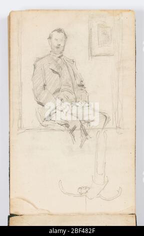 Pagina del libro degli scarabeo Ritratto della marionetta dell'uomo. Recto: A destra, ritratto di un uomo seduto con foto appese a muro sullo sfondo, incorniciato. A sinistra, diversamente orientato, schizzo di marionette appesa. Verso: Disegno di contorno della figura con ancoraggio legato alla caviglia. Valigia a destra. Foto Stock