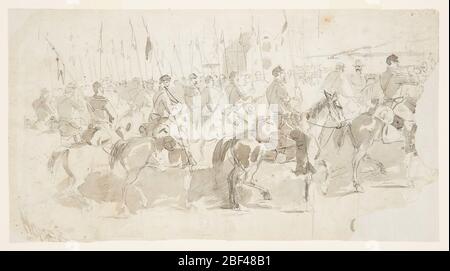 Generale McClellans Sesto reggimento di cavalleria imbarco ad Alessandria per Old Point Comfort. Vista orizzontale piena di figure di ballerini a cavallo in primo piano a sinistra, a sinistra e estrema destra, con un bugler e due ufficiali a destra, come una grande casa e animali stand in fondo centrale e come un fiume, contenente un vaporetto e un s. Foto Stock