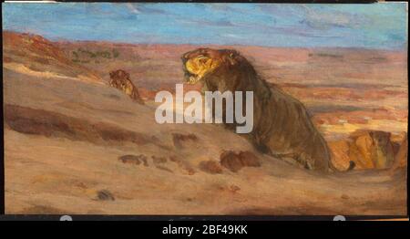 Lions nel deserto. Henry Ossawa Tanner crebbe in una casa religiosa e la sua famiglia ebbe un particolare orgoglio nella storia delle razze bibliche Hamatiche di origine africana (Mosby, Henry Ossawa Tanner, 1991). È possibile che egli considerasse il leone come un simbolo del suo patrimonio africano. Foto Stock