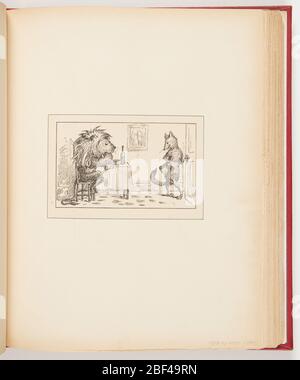 Il Leone e la volpe. Sinistra, profilo di leone seduto al tavolo con zampa sinistra per bocca. Ciotola e bottiglia di vino sul tavolo. Dietro il leone ci sono i teschi. Destra, volpe in piedi su zampe posteriori, mani sulla porta, con cappello in mano. Varie impronte a terra. Foto Stock
