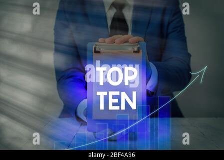 Testo della scrittura Top Ten. Foto concettuale i dieci più popolari brani o registrazioni di musica popolare dei grafici Foto Stock