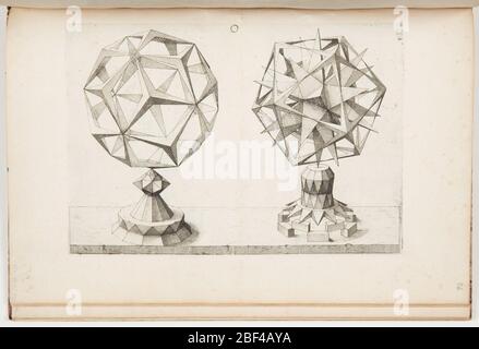 Piastra o FIIII Rhombentrikontaeder und Ikosaeder rombo Triacontrahedron e Icosahedron Perspectiva Corporum Regularium prospettiva dei corpi regolari. Piatto del compendio di Jannitzer della geometria perspectivale, Perspectiva Corporum Regularium (prospettiva dei corpi regolari) che mostra due varianti poliedriche. Il libro si basa sui cinque solidi platonici o "corpi reali". Foto Stock