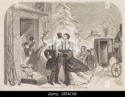 Giorno del Ringraziamento arrivo alla Vecchia Casa. Il nonno e la nonna salutano la figlia e i nipoti alla porta. Carrozza a destra, con paesaggio innevato sullo sfondo. Metà inferiore della pagina. Foto Stock