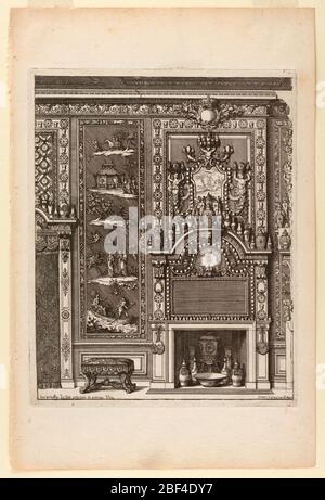 Disegno di un muro di Chimney con pannelli laccati e porcellana di Nouvelles Chiminees Faittes en Plusieur en Droits de la Hollande et Autres Provincies du Dessin de D Marot. Un design per un manto e un pannello da parete di Marot. Il manto è molto ornato. Il pannello a muro raffigurante figure in scene naturali. Foto Stock