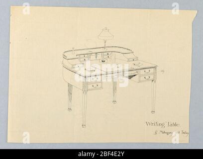 Disegno per la scrittura semicircolare Tavola di Mogano e Inlay. Piano tavolo semicircolare con pannello orizzontale centrale intarsiato con 2 cassetti corti con singoli tiri a C; sollevato su 4 gambe diritte e rastremate terminanti con piedini quadrati stampati. Foto Stock