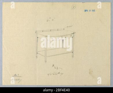 Disegno per servire tavolo con fronte convesso. Piano oblungo con frontale convesso a 2 cassetti e rialzato su 4 gambe rastremate diritte; 2 ripiani conformati attaccati sotto; basso backsplash con centro medaglione patera orizzontale. Foto Stock