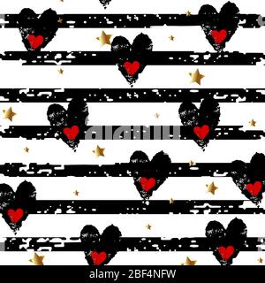 Sfondo con cuori e stelle dorate su sfondo a righe. Vettore Illustrazione Vettoriale