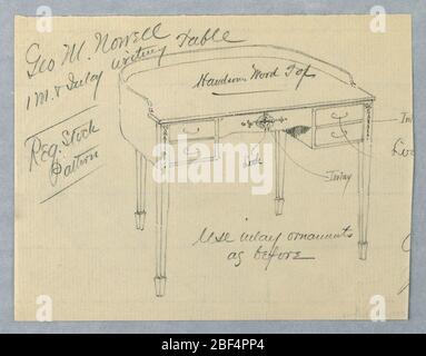 Disegno per tavolo di scrittura Mogano per George M Nowell. Piano del tavolo semicircolare con schienale e pannello frontale centrale intarsiato affiancato da 2 cassetti su entrambi i lati; sollevato su 4 gambe rastremate diritte terminanti con piedini rastremati. Foto Stock