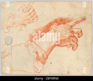 Studio delle mani gesturanti. Rettangolo orizzontale. Al centro, uno studio della mano destra di un uomo con manica spinta in su. Angolo in alto a sinistra, la mano destra di un uomo che tiene un bastone. Foto Stock