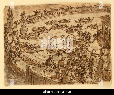 Recto caccia alle balene da parte dell'imperatore Claudio nel porto di Ostia verso iscrizione relativa a Plinio gli anziani Storia Naturale Libro 9 ch 5. Recto: Un grande serpente marino è contenuto all'interno di un recinto ovale ad anello. Un gruppo di persone, a destra, guarda le attività di un certo numero di uomini, in barche aperte, che attaccano il serpente. Foto Stock