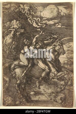 Rapimento di Proserpina su un Unicorno. Plutone, cavalcando un unicorno, gallopando da un vortice di schiuma di mare sulle rocce a sinistra, porta via la giovane Proserpine. Sopra, le nuvole a vortice mostrano il monogramma di Dürer e la data '1516'. Foto Stock