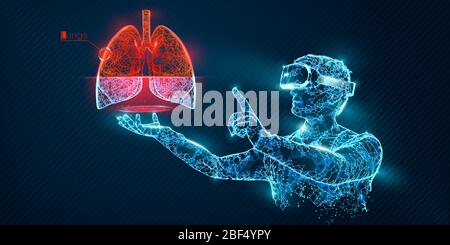 Banner vettoriale visore a reticolo VR. Uomo poligonale con occhiali per realtà virtuale, con olografica dei polmoni. Scienza, diagnostica, analisi virtuale Illustrazione Vettoriale