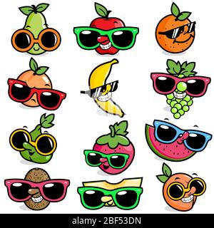 Colorata collezione estiva tropicale di divertenti personaggi di frutta. Set di personaggi della frutta dei cartoni animati con occhiali da sole. Foto Stock