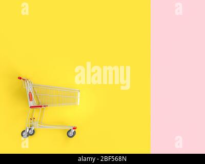 carrello su sfondo rosa e giallo, immagine 3d minimalista. concetto di shopping e shopping. Foto Stock