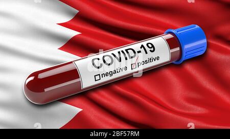 Bandiera del Bahrain che ondeggiava nel vento con una provetta per analisi del sangue positiva Covid-19. Foto Stock