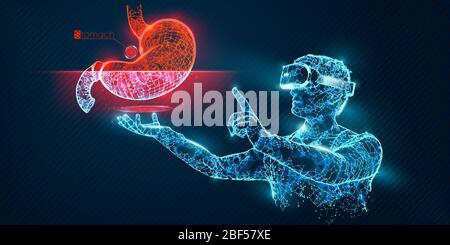 Banner vettoriale visore a reticolo VR. Uomo poligonale con occhiali per realtà virtuale, con olografica di stomaco. Diagnostica scientifica, analisi virtuale Illustrazione Vettoriale
