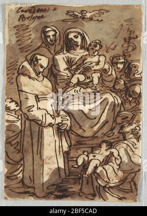 Santa Trinità con Cristo morto in Gloria dopo Palma giovane Adorazione dei Magi Studio dopo Lodovico Carracci. Disegno superiore della figura di Cristo reclinante sulle nuvole sorrette da putti e da Dio Padre. Disegno inferiore dell'Adorazione dei Magi con la Sacra Famiglia a destra e i Re a sinistra; un bue al centro del retro. Foto Stock