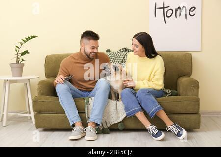 Giovane coppia con cane che guarda la TV mentre si siede sul divano a casa Foto Stock