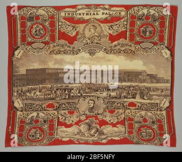 Il Grande Palazzo industriale. Scena centrale del Palazzo di Cristallo con ritratti della Regina Vittoria e del Principe Alberto e con figure che rappresentano Europa, Asia, Africa e America. In rosso e nero su bianco. Sarebbe stato un ricordo della Grande Mostra del 1851 a Londra, Inghilterra. Foto Stock