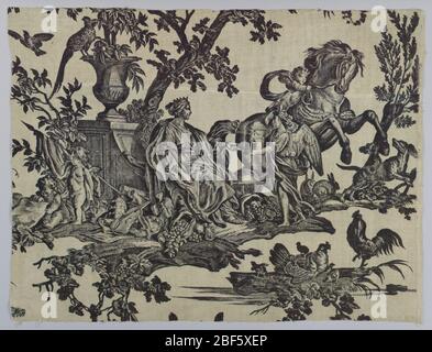 Les quatre parties du monde. Fragment mostra una figura seduta che rappresenta l'Europa circondata da cherubini, gallo, cani e un cavallo. Foto Stock