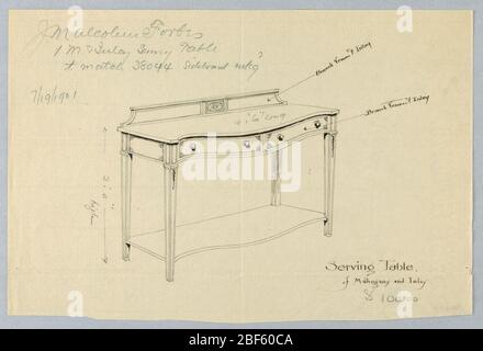 Design per SideboardServing Table of Mogany and Inlay. Tavolino/tavola da cucina rettangolare stretta su quattro gambe dritte, rastremate, scanalate; la sezione cabinetriale ha una parte anteriore a serpentina con due cassetti orizzontali, ciascuno con coppia di tiri e disegni a inserto agli angoli; disegno a medaglione patera al centro dello splash; hangi Foto Stock