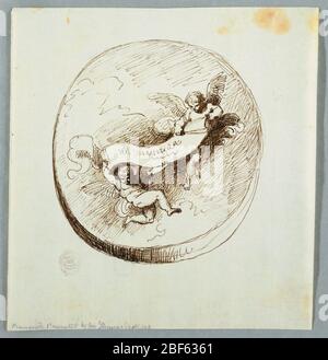 Due Putti volanti con banderola. Rettangolo verticale che mostra due putti disegnati in modo lasco con un benderolo in una cornice ovale. Foto Stock