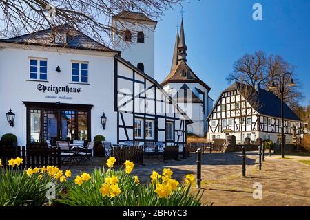 Case a graticcio intorno alla chiesa di San Pietro e Paolo , Germania, Renania settentrionale-Vestfalia, Sauerland, Eslohe Foto Stock