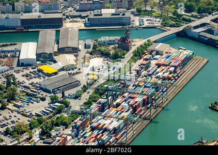 , Terminal container nel porto Dortmund con vecchio porto master´s ufficio, 09.05.2016, vista aerea, Germania, Nord Reno-Westfalia, Ruhr Area, Dortmund Foto Stock