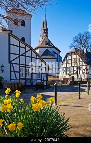 Case a graticcio intorno alla chiesa di San Pietro e Paolo , Germania, Renania settentrionale-Vestfalia, Sauerland, Eslohe Foto Stock