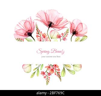 Banner floreale acquerello. Bouquet con fiori di campo grande, rosa, papavero, foglie. Modello di scheda con posto per il testo personalizzato per il disegno di cancelleria di nozze. Foto Stock