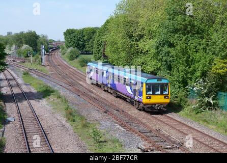 I treni Northern di classe 142 031 attraversano la Lostock Hall con un servizio per Colne Foto Stock
