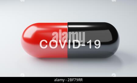 Closeup COVID-19 capsule antiretrovirali su fondo bianco. Medicina e concetto di vaccino. Medicina scienza sanitaria. Resea immunità antibiotica Foto Stock