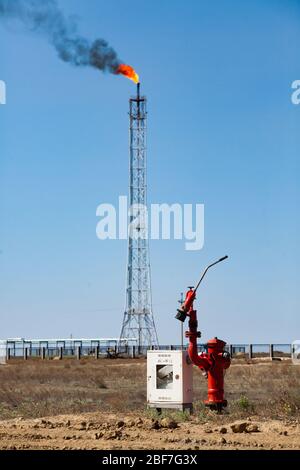 Impianto di raffinazione del petrolio. Estintore e palo alto per torcia a gas su sfondo blu cielo. Foto Stock