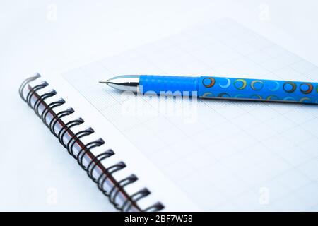 Vista laterale di una penna di colore blu chiaro posta sopra un diario di carta bianca molto semplice Foto Stock