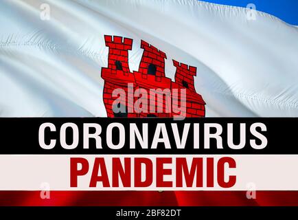 PANDEMIA di coronavirus COVID-2019 sullo sfondo della bandiera di Gibilterra. Rendering 3D dei batteri del coronavirus. Illustrazione della bandiera di Gibilterra in PANDEMIA Foto Stock