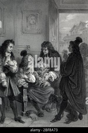 Illustrazione de la comedie 'Les plaideurs', le proces du chien (Les Plaideurs, o i litigants) gravure de Staal tiree de 'oeuvres' de Jean Racine (1 Foto Stock