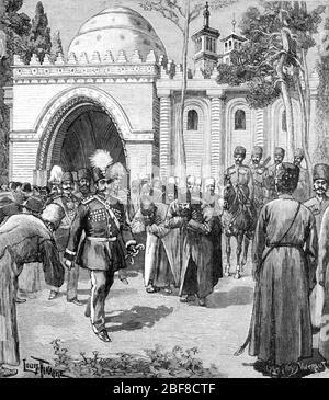 Nasseredin Shah Qajar (1831-1896) aka Naser al-DIN Shah Qajar (regnò 1848-1896) Shah di Persia o Iran, camminando nelle strade di Tehran, Persia o Iran. Vintage o Old Illustration o Engraving 1889 Foto Stock