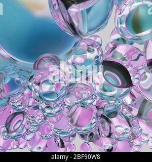 Chiudi le gocce d'acqua con Rainbow colorato. Illustrazione 3D Foto Stock