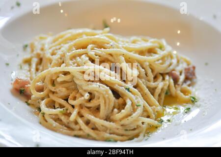 pasta carbonara, spaghetti o spaghetti carbonara Foto Stock