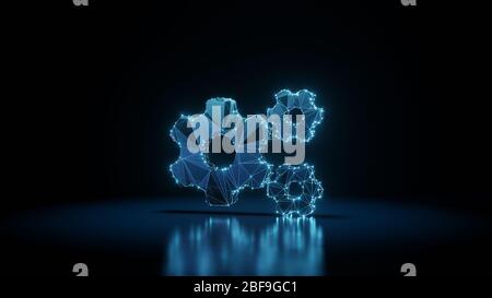 rendering 3d wireframe digitale techno neon brillante simbolo di grande ruota dentata e due piccole ruote dentate con punti luminosi su sfondo nero con re sfocato Foto Stock