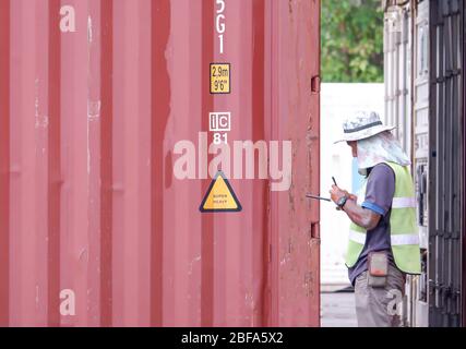 I lavoratori controllano i container per quanto riguarda esportazione, importazione, logistica, concetti di trasporto, business, importazione ed esportazione. Foto Stock